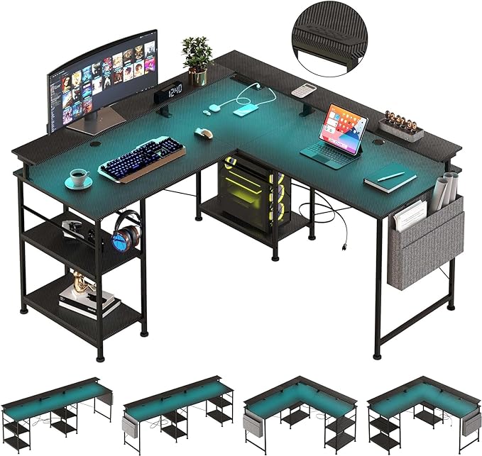 55 inch Gaming Desk with LED Lights, Computer Desk with Power Outlets, Monitor Stand, Storage Shelf, Headphone Hook, Home Office Desk Corner Desk