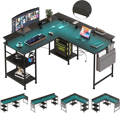 55 inch Gaming Desk with LED Lights, Computer Desk with Power Outlets, Monitor Stand, Storage Shelf, Headphone Hook, Home Office Desk Corner Desk