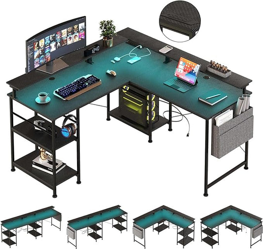 55 inch Gaming Desk with LED Lights, Computer Desk with Power Outlets, Monitor Stand, Storage Shelf, Headphone Hook, Home Office Desk Corner Desk