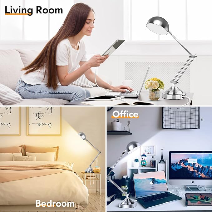 Touch Control LED Desk Lamp with USB Charging Port, Architect Brushed Nickle Lamp with Adjustable Swing Arm, Dimmable Silver Desk Lamp for Home Office Reading Study, 3000K/4000K/5000K 3 Color Modes