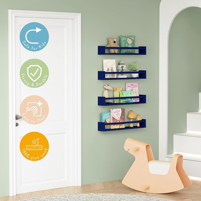 Forbena Wall Book Shelf Organizer for Kids Room Set of 4, Large Floating Book Shelves for Boy Nursery Wall Deocr, 24 Inches Wall Mount Bookshelf for Toddler Child Teen Boys Bedroom (Navy Blue)