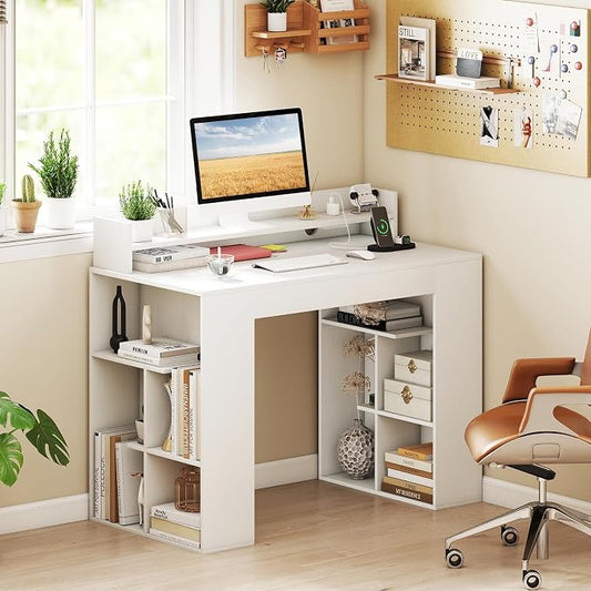 Giantex White Desk with Storage Shelves, 43" Home Office Computer Desk with Charging Station, Dual 3 Tier Bookshelf & Monitor Stand, PC Table Workstation, Modern Study Writing Desk for Bedroom, Dorm