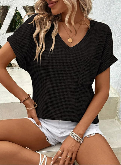 Dokotoo Womens Waffle Knit Tops 2026 Spring Summer V Neck Shirts Casual Trendy Women's Blouses Basic Tee