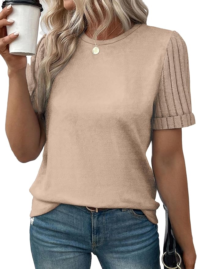SHEWIN Women's Short Sleeve Summer Tops Crewneck Knit Solid Loose Casual Basic T Shirts Tee Blouses