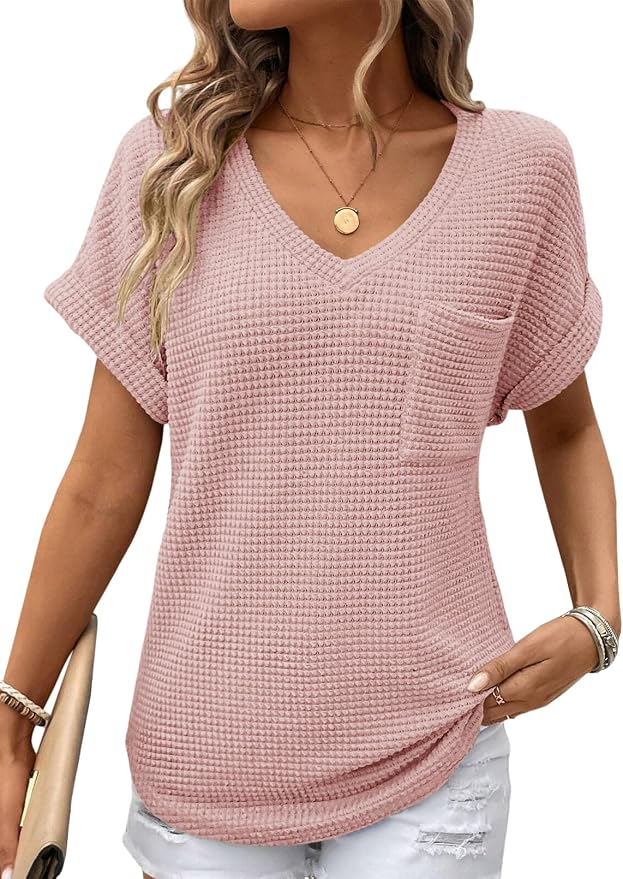Dokotoo Womens Waffle Knit Tops 2026 Spring Summer V Neck Shirts Casual Trendy Women's Blouses Basic Tee