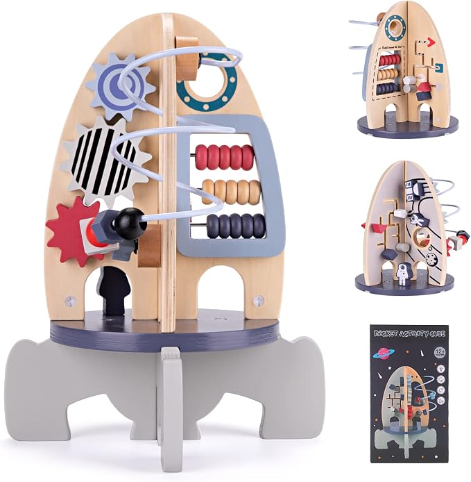 Wdmiya Space Wooden Activity Cube Toys for Baby, Montessoritoys for 1 Year Old Boy & Girl Birthday Gifts, Sensory and Educational 1st Birthday Gifts, Busy Board Toys for Baby Boy 6-18 Months (Rocket)