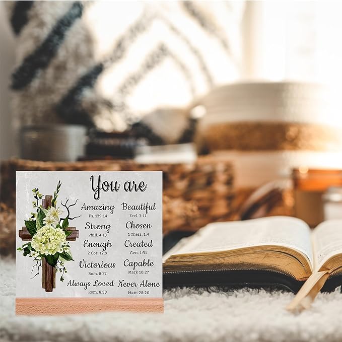 TIKTREE Christian Gifts, Religious Gifts for Women Faith, Catholic Spiritual Gifts with Bible Verse, Christian Home Desk Decor with Wood Stand