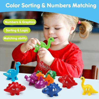 USATDD Numbers Matching Dinosaur Toy 1-10 Counting Sorting Game Double-Sided Dino Fine Motor Toys Number Recognition Learning Toy, Christmas Stocking Stuffers for for Kids Boys Girls