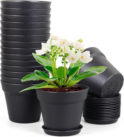 4 inch Small Plastic Nursery Pots, 16 Pack Plant Pots for Indoor Outdoor Plants, Flower Pots with Drainage Holes and Saucers, Decorative Seedling Starter Planters for House Plants, Black