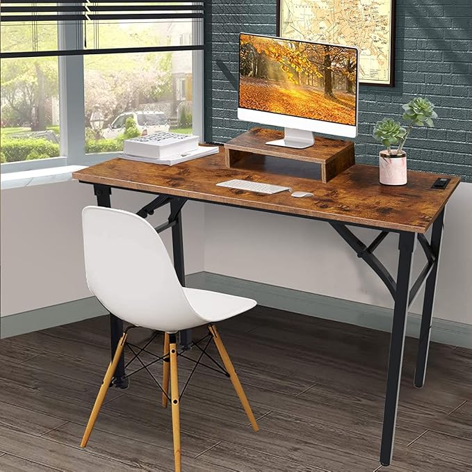 TEMI Computer Desk with Power Outlet and Monitor Shelf Included 43.3" Length Folding Table, Office Desk for Home, No Assembly Desk with Stable Black Frame, Rustic Brown