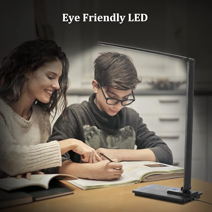 LED Desk Lamp with 10W Wireless Charger and USB Charging Port,Study Desk Lamp Reading Lamps for Office, 5 Lighting Modes, Full Dimmable Levels, Touch Control