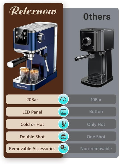 RELEXNOW Espresso Machine, 20 Bar Espresso Maker Milk Frother & LCD Panel, Hot & Iced Coffee Machine, Stainless Steel Espresso Coffee Machine with 41oz Water Tank for Cappuccino, Latte