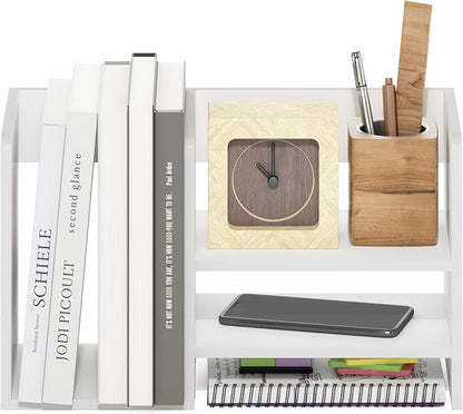 Furinno HERMITE Desk Organizers, Office Organization with Accessories and Vertical File Holder, 3-Shelf Desktop Book Shelf, for Office Supplies, Desk Accessories, for Study Room, Dorm, White