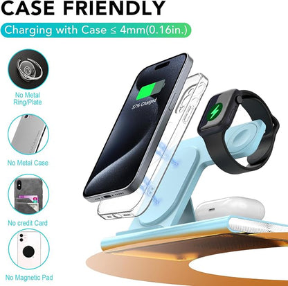 3 in 1 Charging Station for iPhone 17 - Wireless Charger for Apple Products for iPhone 17 16 15 14 13 12 11 Pro Max - Foldable Wireless Charging Station Dock Stand for iWatch Series & AirPods(Blue)
