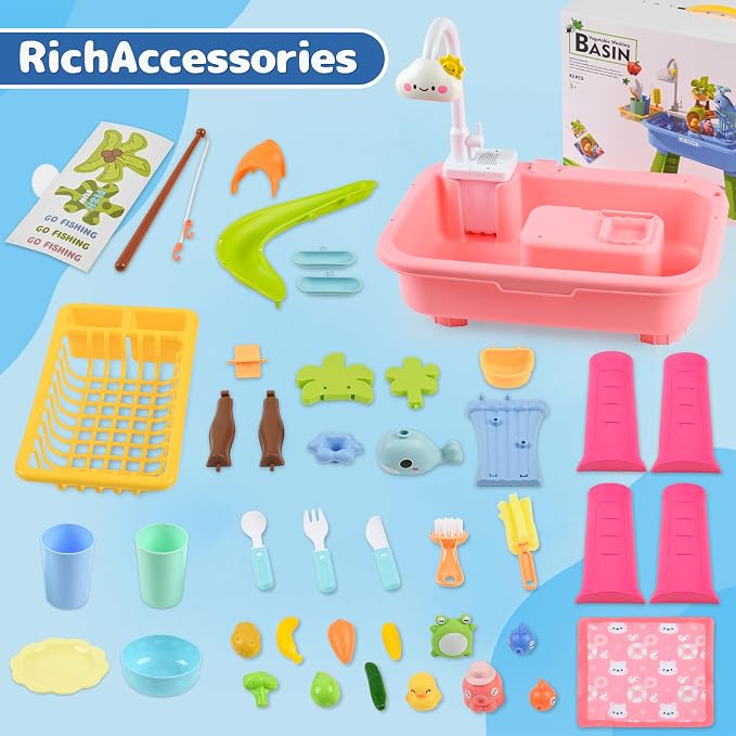 2026 Upgraded Toddler Sand Water Table Toy with Electric Water Pump, Kids Sand Water with Faucet/Play Food Accessories/Fishing Toy, Kitchen Play Sink Toys for Girl Boy Age 3+ (Pink)