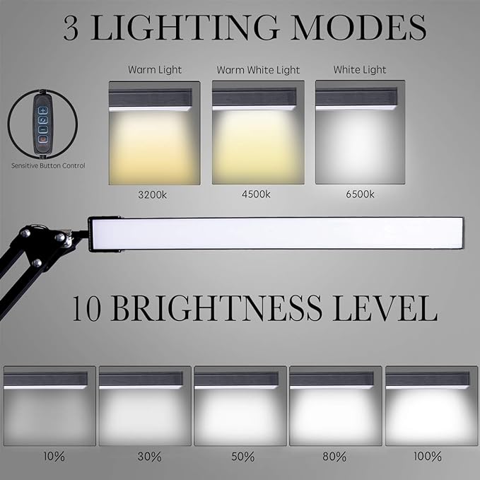 LED Desk Lamp, Adjustable Swing Arm Lamp with Clamp, Eye-Caring Reading Light, 10 Brightness Levels, 3 Lighting Modes, Memory Function Lamps for Home Office Adapter (Black)