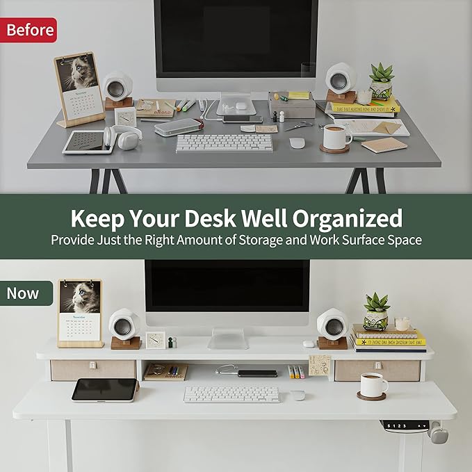 FEZIBO 55 x 24 Inch Height Adjustable Electric Standing Desk with Double Drawer, Stand Up Desk with Storage Shelf, Sit Stand Desk, White