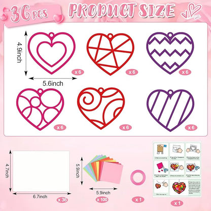 Qyeahkj 36 Set Valentine's Day Suncatchers Craft Kit DIY Heart Window Stained Glass Effect Paper Pink Love Window Tissue Paper Craft Home Decor Valentines Art Supplies Favor Gift