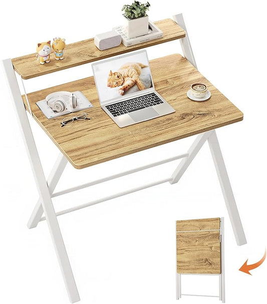 GreenForest Folding Desk No Assembly, Sturdy Computer Desk for Small Spaces | Portable Foldable Table for Laptop, 2-Tier Compact with Shelf, Space Saving for Home Office, Dorm, Apartment, 24.5"x 30" Oak