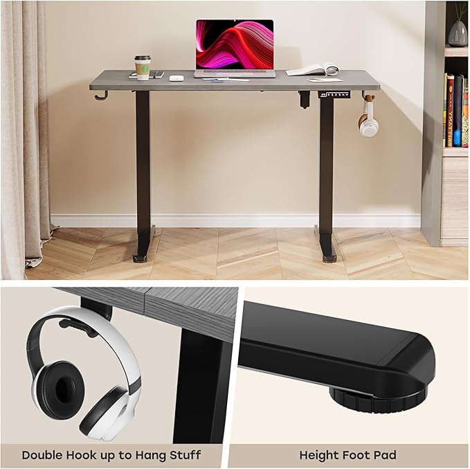 Grey Standing Desk, 48 X 24 Inch Adjustable Height Electric Desk, Sit Stand Desk with 2 Hooks, Ergonomic Rising Desk with Splice Board