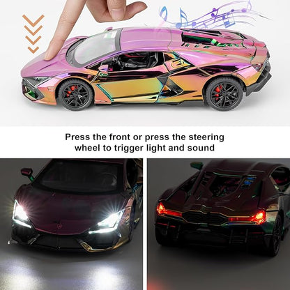 1/24 Scale Colorful Lambo Revuelto Diecast Car Model, Collectible Diecast Toy Car with Lights and Sounds, Pull Back Vehicles Toy for Adults Kids Birthday Gifts Decoration