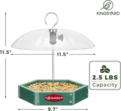 Kingsyard Large Platform Bird Feeder Outdoor Hanging, Adjustable Dome Squirrel Proof Rain Cover, Metal Mesh Tray Recycled Plastic Wild Bird Seed Feeding Station, Green