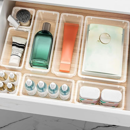 12 PCS Drawer Organizer Set, Makeup Organizers, Tool Storage Trays | 4 Sizes, Plastic, Stackable, Multiple Gadgets, Desk Drawer Divider Organizers, for Makeup, Office Supplies Storage
