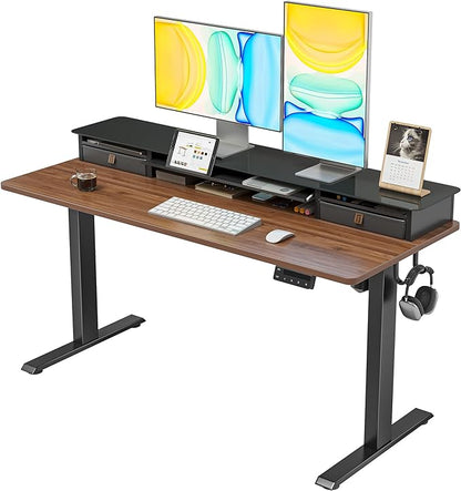 FEZIBO 48 x 24 Inch Height Adjustable Glass Electric Standing Desk with Double Drawer, Stand Up Desk with Storage Shelf, Sit Stand Desk, Black Walnut