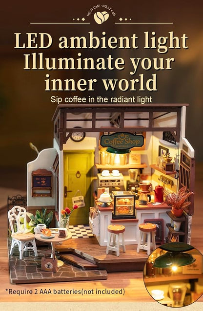 Rowood Coffee Miniature House Kit, Mother's Day DIY Miniature Dollhouse Kits for Adults to Build, Wooden Mini House Model Kits Adults Crafts with LED, Gift on Christmas Birthday for Family-NO.17 Cafe