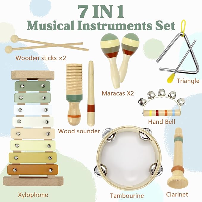 Baby Musical Instruments Montessori Wooden Toys for Toddlers, Neutral Colors Percussion Instruments Set, Modern Boho Xylophone Tambourin