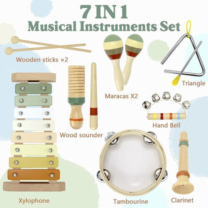 Baby Musical Instruments Montessori Wooden Toys for Toddlers, Neutral Colors Percussion Instruments Set, Modern Boho Xylophone Tambourin