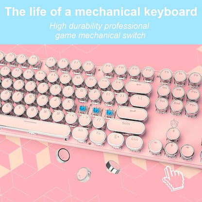 YSCP Typewriter Style Mechanical Gaming Keyboard White Backlit Wired with Blue Switch Retro Round Keycap 104 Keys Keyboard (Pink)