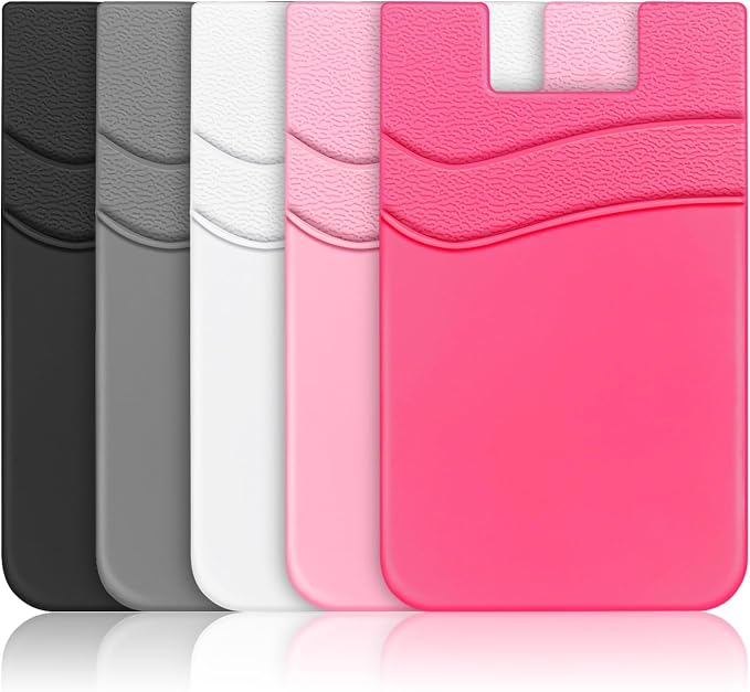 SHANSHUI Phone Wallet, Strong Adhesive Silicone Wallet Sleeve Pocket Stick on ID Credit Card Holder for All Smartphones - 5 Pack Black White Grey Pink Rose
