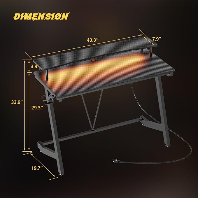 Gaming Desk with Power Outlets & Music Strip Lights,Computer Desk with Large Monitor Stand, PC Laptop Table for Small Spaces, Gamer Workstation with Cup Holder, Headphone Hook for Home Office
