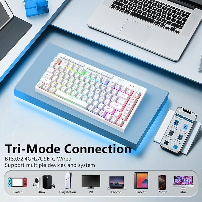 Redragon Wireless Gaming Keyboard, Portable 75% Compact,RGB Backlit, White | Bluetooth/2.4GHz/USB-C Wired, Mini Quiet Macro Membrane Keyboard, Rechargeable 4000mAh Battery, Anti-Ghosting for Win/MAC