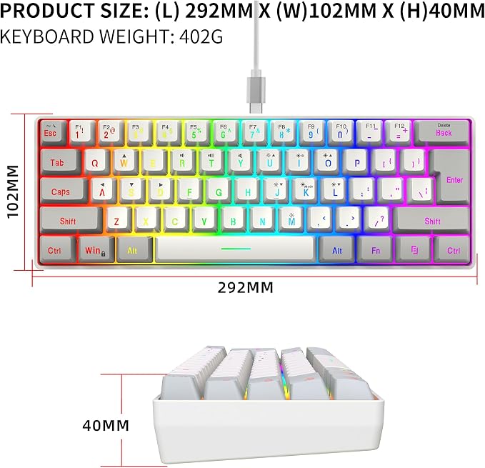Snpurdiri 60% Wired Gaming Keyboard, 61 Keys RGB (Grey-White) | Backlit Small Gaming Keyboard for PC/Mac Gamer, Typist, Travel, Easy to Carry on Business Trip