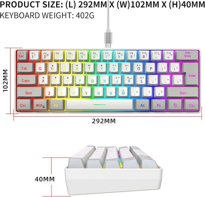 Snpurdiri 60% Wired Gaming Keyboard, 61 Keys RGB (Grey-White) | Backlit Small Gaming Keyboard for PC/Mac Gamer, Typist, Travel, Easy to Carry on Business Trip
