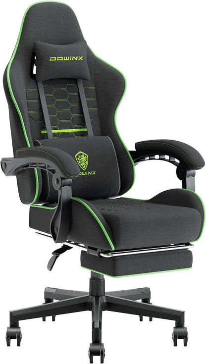 Dowinx Gaming Chair Fabric with Pocket Spring Cushion, Massage Game Chair Cloth with Headrest, Ergonomic Computer Chair with Footrest 290LBS, Black Green