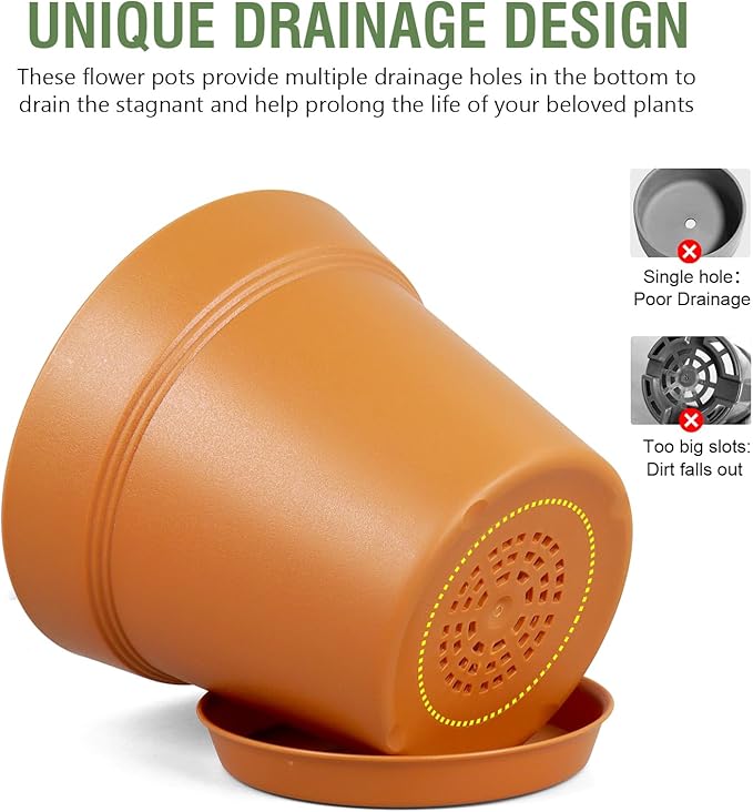 6 inch Plastic Nursery Pots, 16 Pack Plant Pots for Indoor Outdoor Plants, Flower Pots with Drainage Holes and Saucers, Decorative Seedling Starter Planters for House Plants, Terracotta