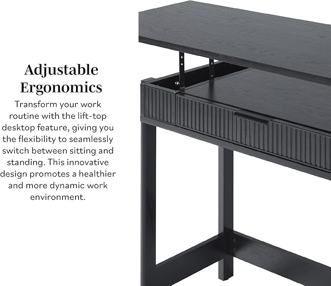 Walker Edison Office Writing and Computer Desk Spacious Desktop, Complementary in Living Spaces, 38 Inch, Reeded Lift-Top Black