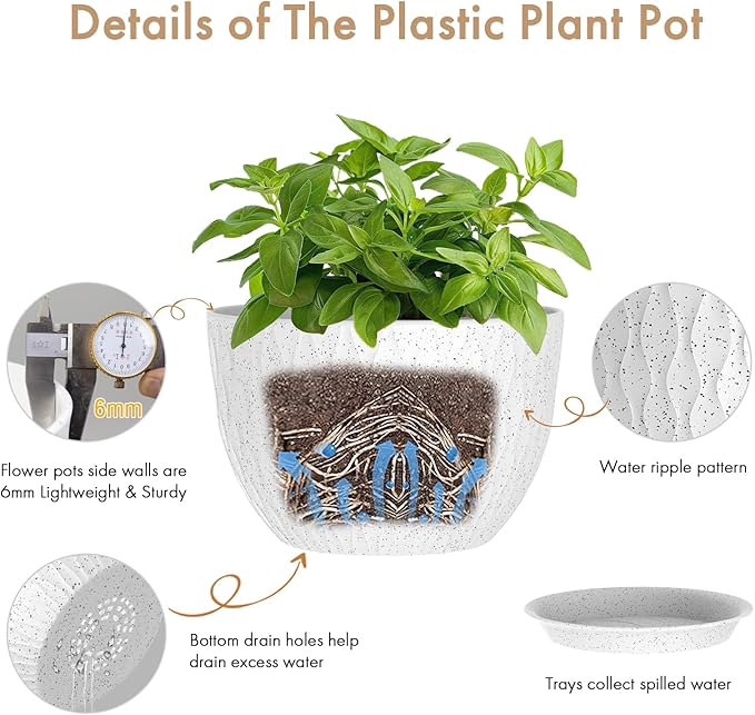 12 Inch Wide Water Ripples Flower Pots for Indoor or Outdoor Plants, Large Plant Pots with Drainage Holes & Saucer, Plastic Planters Set for Garden & Home Decor (White with Black Speckles)