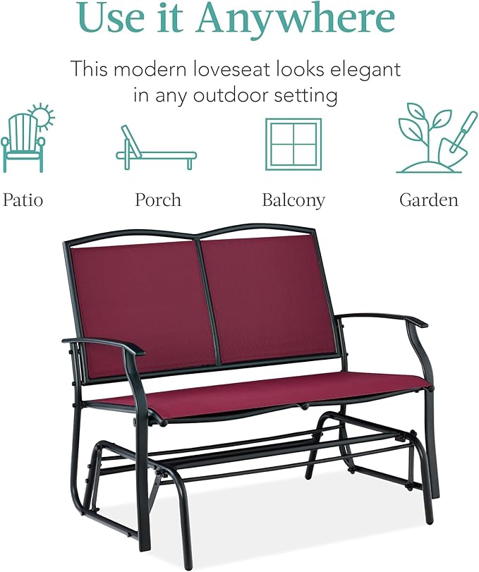 Best Choice Products 2-Person Outdoor Patio Swing Glider Steel Bench Loveseat Rocker for Deck, Porch w/Textilene Fabric, Steel Frame - Burgundy/Black