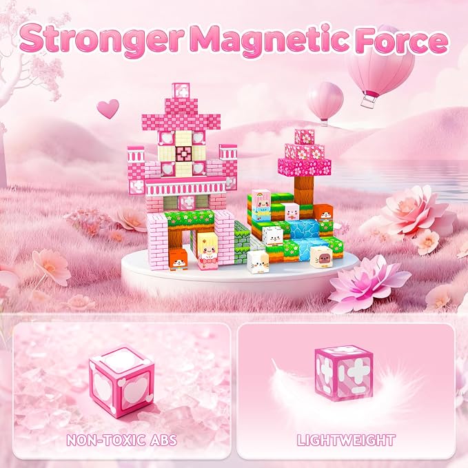 Magnetic Building Blocks, STEM Toys Educational Magnet Cubes for Kids Ages 4-12 (Pink Castle-150pcs)