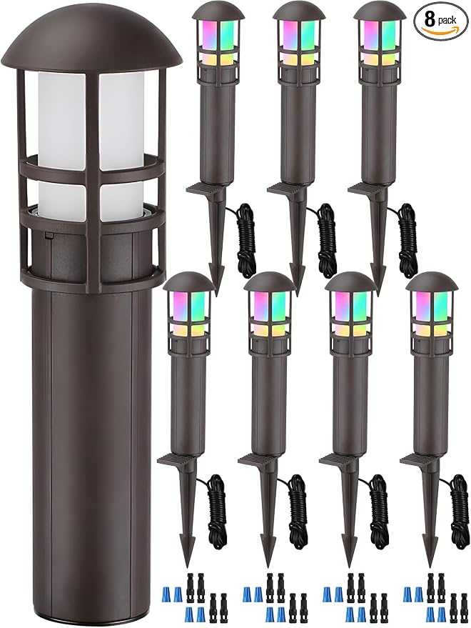 LEONLITE 8-Pack RGBCW Low Voltage Landscape Pathway Lights, 3W, CRI90 | Color Changing, 12-24V AC/DC, Aluminum, ETL, Multi-Color, Low Voltage LED Bollard Path Lights, for Walkway Yard Garden