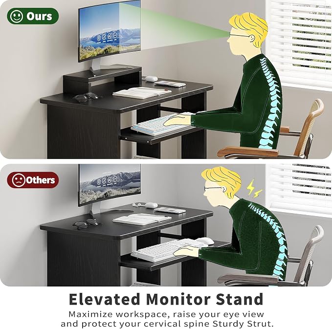ALISENED 30 Inch Computer Desk, with Keyboard Tray & Monitor Stand | Compact Desk for Space-Saving, Ergonomic Study Desk with Storage Shelves for Writing, Gaming, Working, Black
