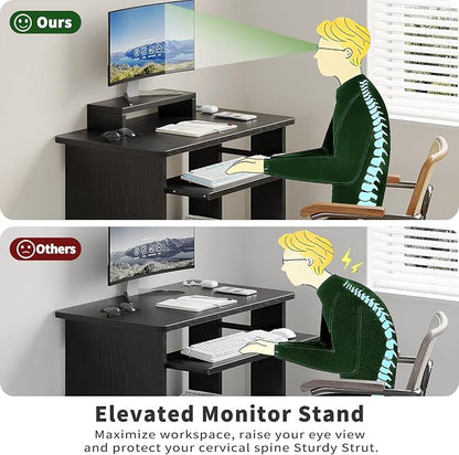 ALISENED 30 Inch Computer Desk, with Keyboard Tray & Monitor Stand | Compact Desk for Space-Saving, Ergonomic Study Desk with Storage Shelves for Writing, Gaming, Working, Black
