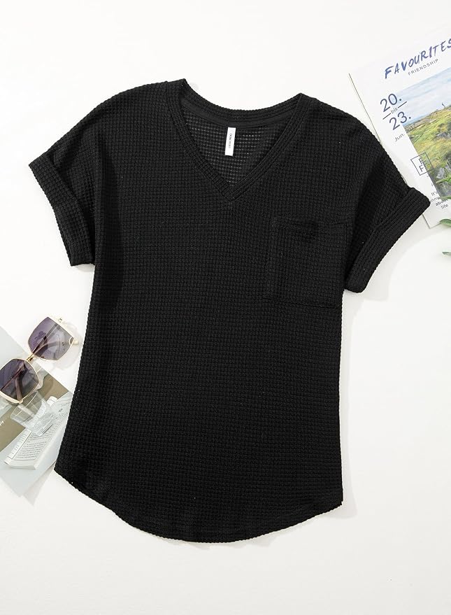 Dokotoo Womens Waffle Knit Tops 2026 Spring Summer V Neck Shirts Casual Trendy Women's Blouses Basic Tee