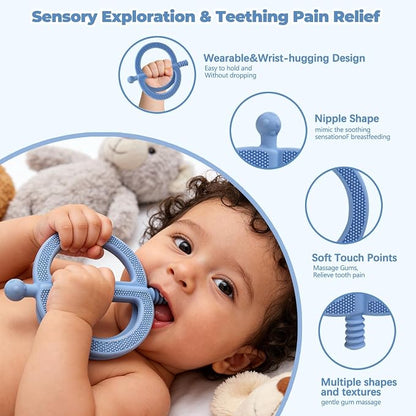 3 Pack Baby Teething Toys, Anti Dropping Wrist Hand Teethers & Easy-Grip Teether Ring, Food-Grade Silicone for Teething Relief, Newborn Essentials Chew Toys 0-12 Months（Blue&Pink&Green）
