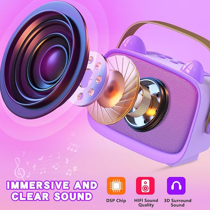 Mgaolo Upgraded Mini Karaoke Machine Toy for Kids, Portable Bluetooth Speaker with 2 Wireless Mics, Emoji & Colorful LED Lights, Home Travel & Party Play Gifts for Boys Girls (Purple)