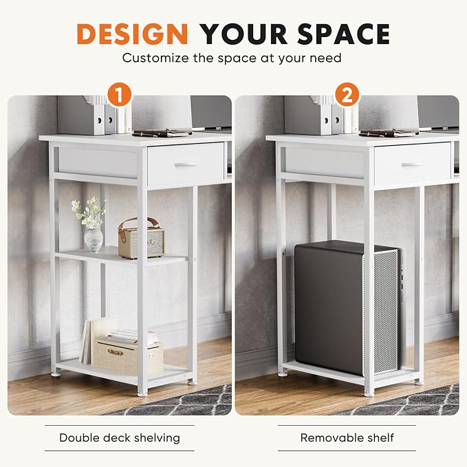 47 Inch Computer Desk with 2 Drawers, Home Office Desk with Wooden Shelves, Study Writing PC Table for Small Spaces, Bedroom, Dorm or Living Room, White